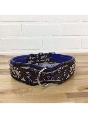 Madcow genuine leather contemporary dog collar handcraf black cerule blue silver